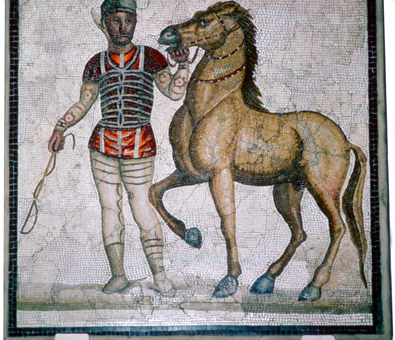 Romeins mozaïek van een wagenmenner met paard door Unbekannt