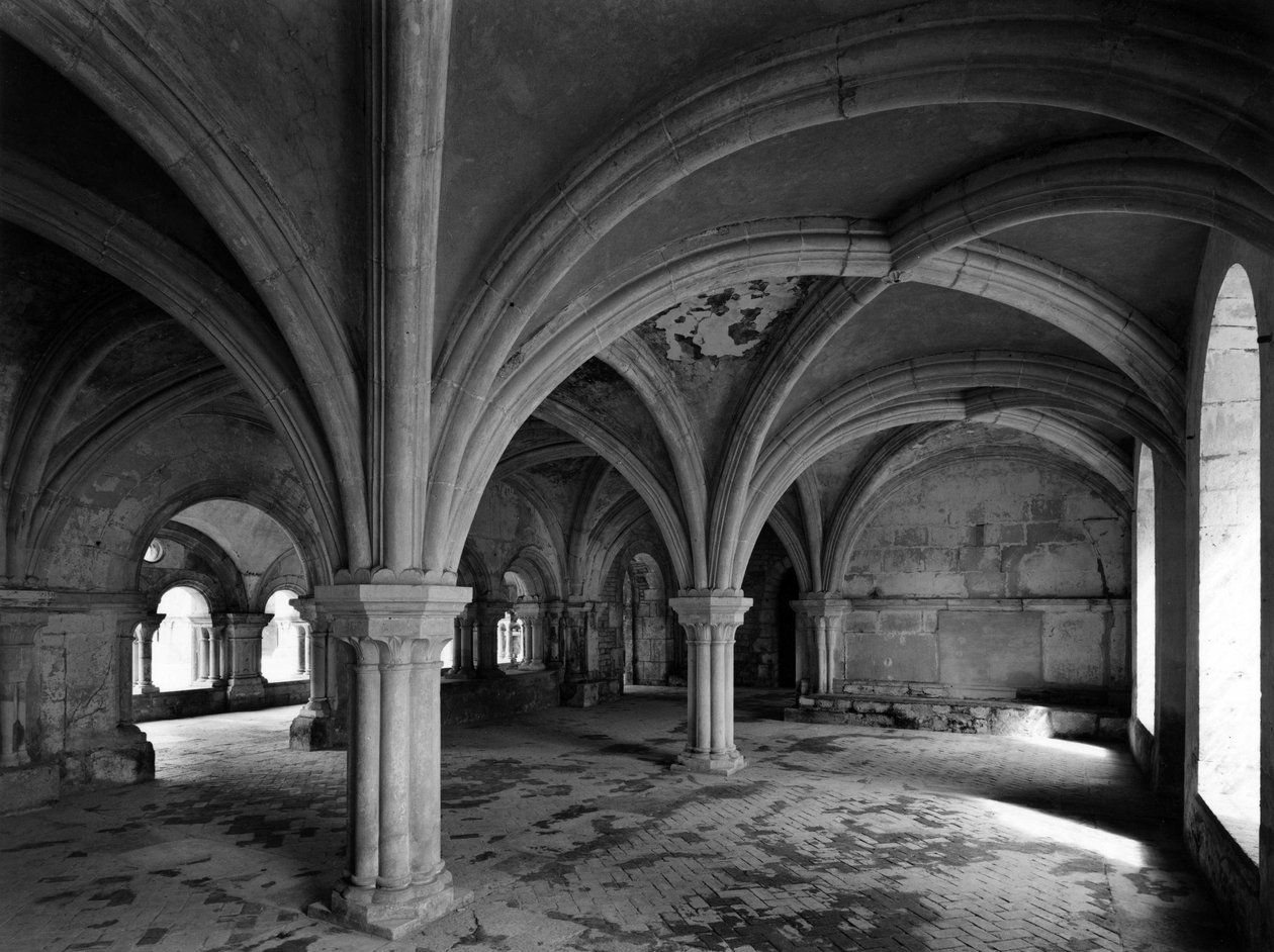 Romaans architectuur: uitzicht op de kapittelzaal van de Cisterciënzer abdij van Fontenay gesticht in 1118 (Côte d