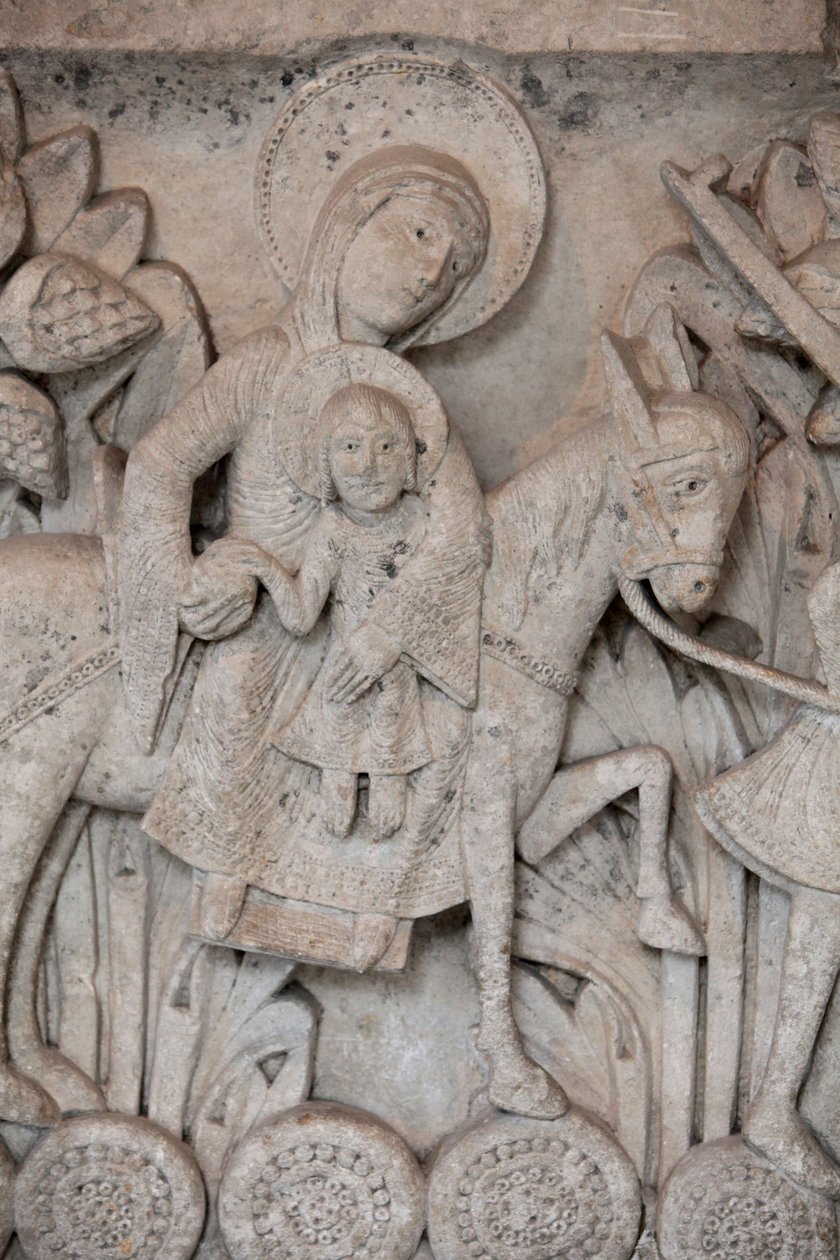 Romaans bas-reliëf van kapiteel in Autun Kathedraal met afbeelding van de Vlucht naar Egypte, Autun, Frankrijk door Unbekannt