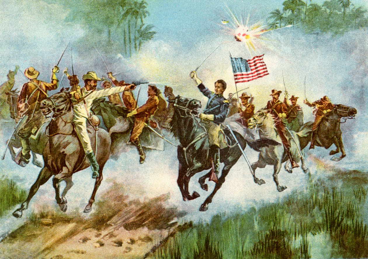 Rough Riders die een Spaanse buitenpost bestormen, Cuba, Spaans-Amerikaanse Oorlog, 1898 door Unbekannt