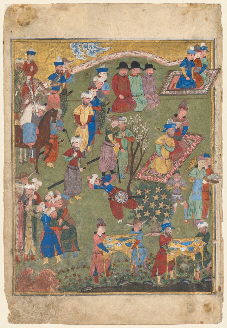 Koninklijk feest in een tuin recto van de dubbelpagina frontispice van een Shahnama..., 1444 door Unbekannt