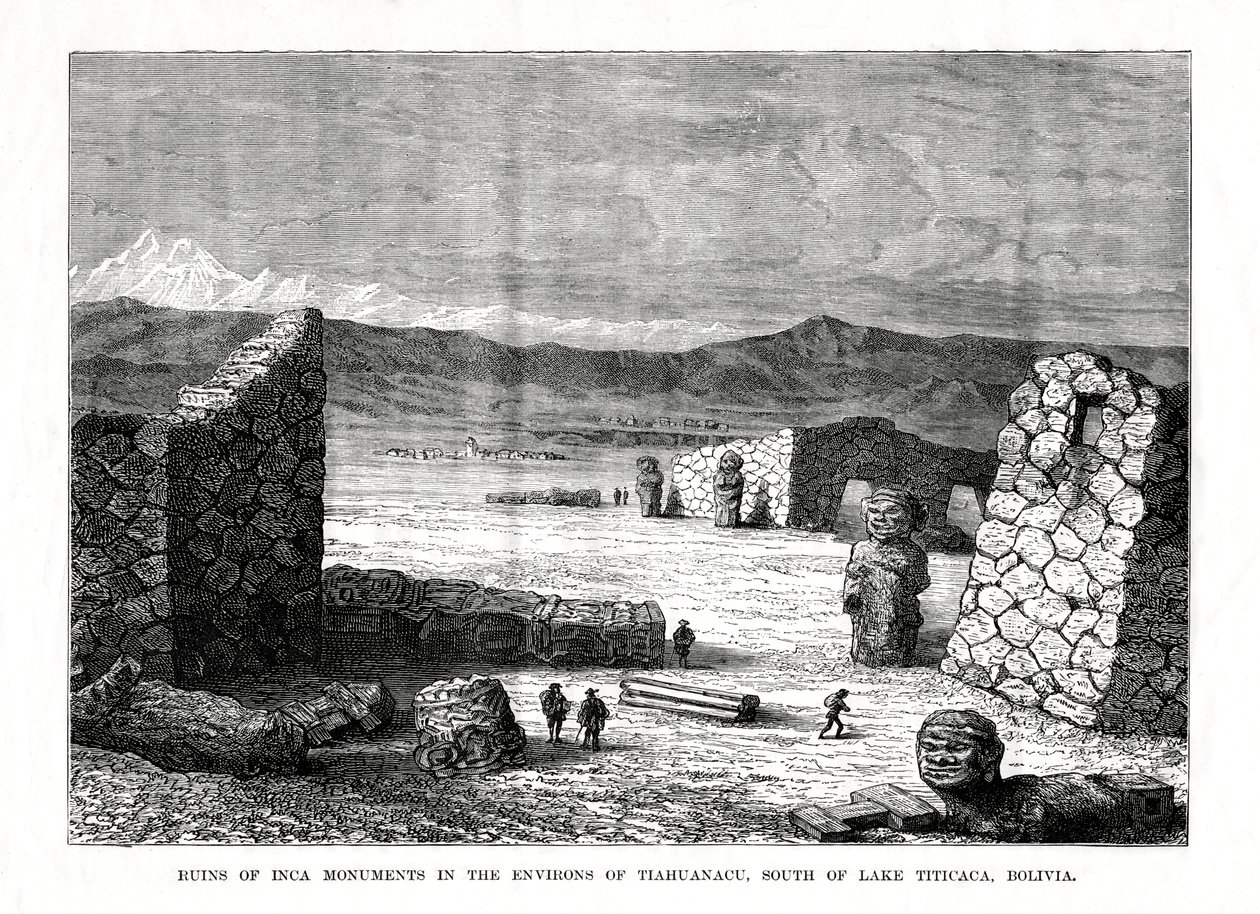 Ruïnes van Inca-monumenten in de omgeving van Tiahuanacu, ten zuiden van het Titicacameer, Bolivia, 1877 door Unbekannt