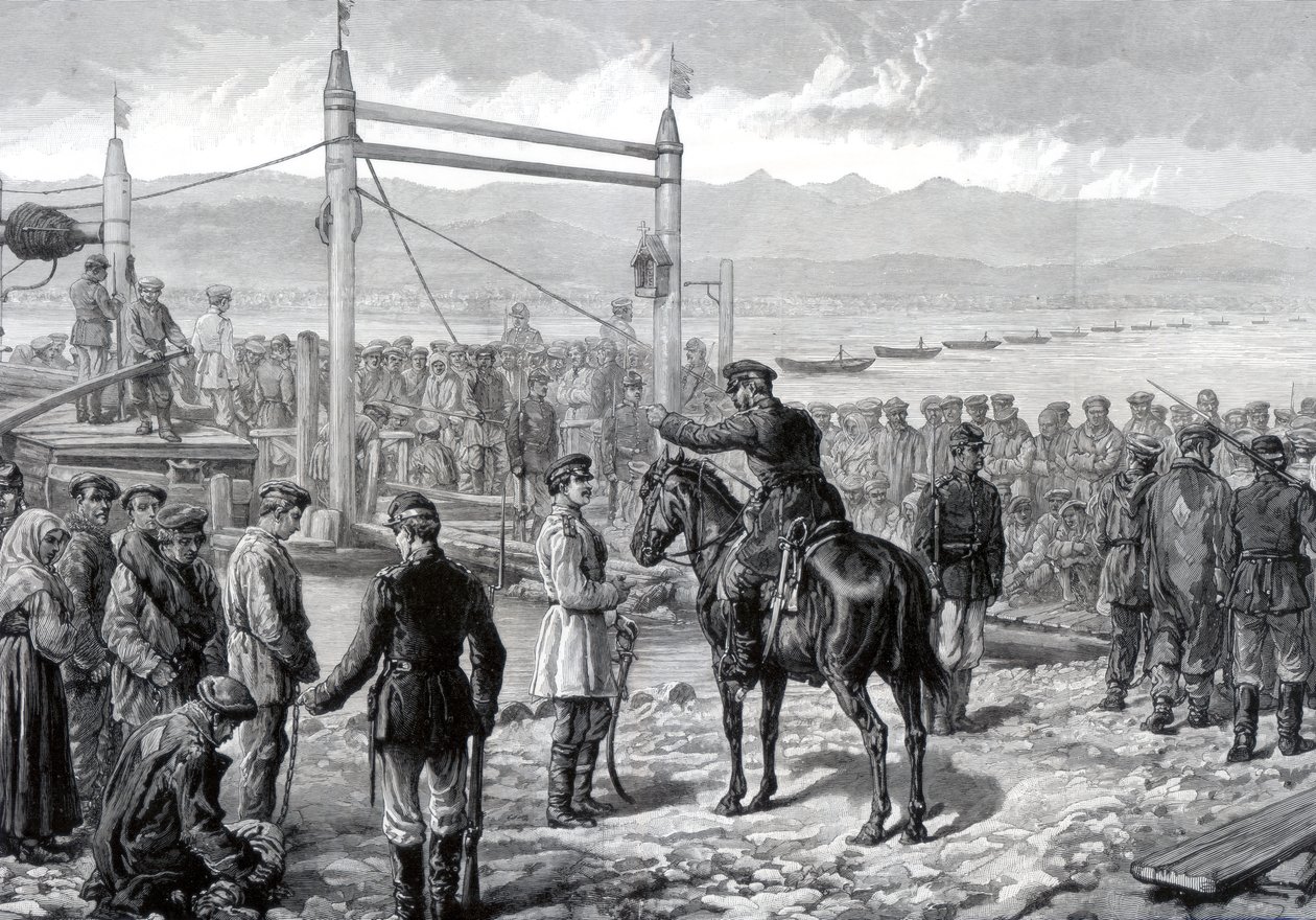 Russische veroordeelden onder militaire escorte wachtend om de rivier Yenisei over te steken, Siberië, 1882 door Unbekannt
