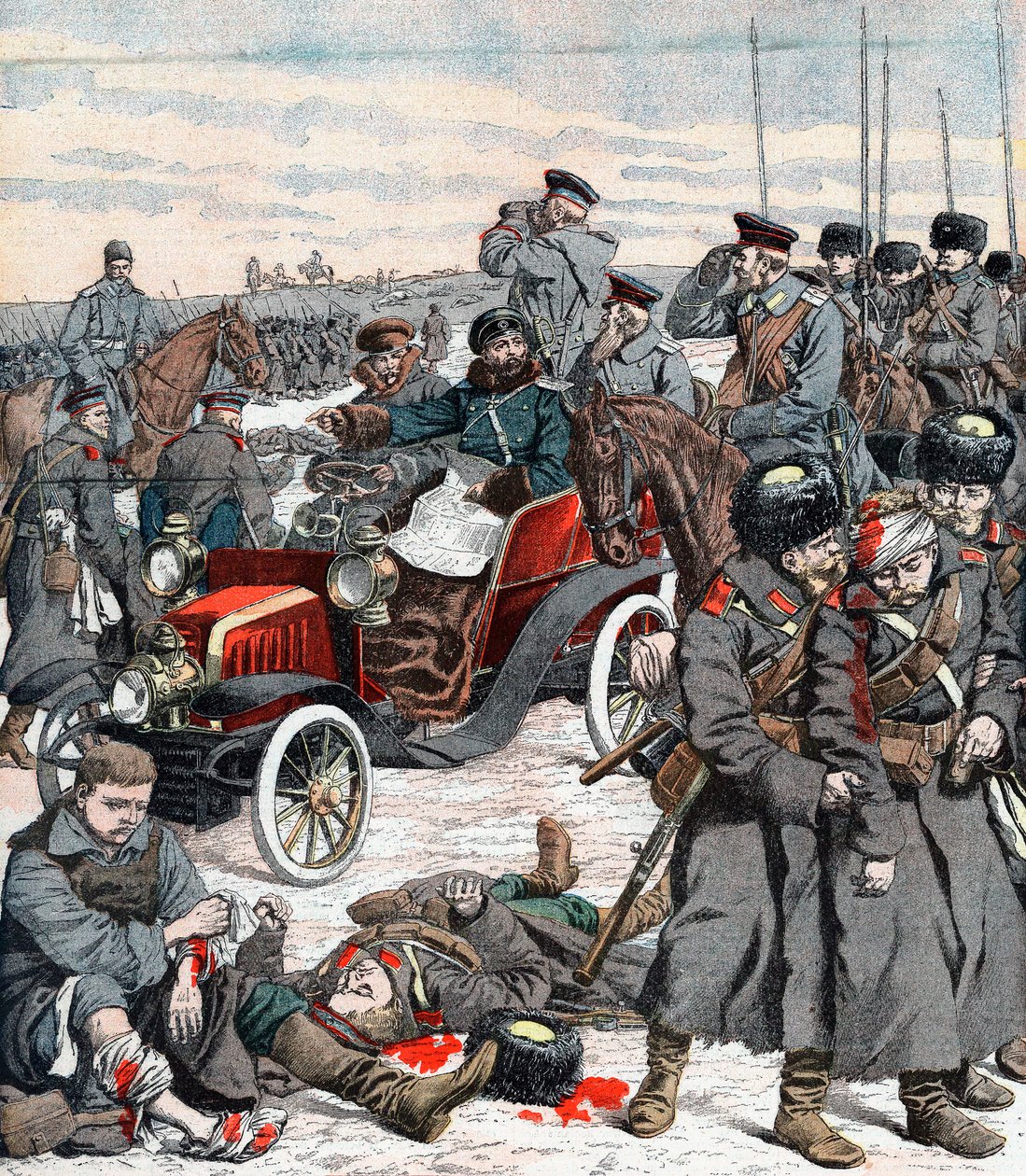 Russische generaal die de campagne vanuit zijn auto leidt, Russisch-Japanse oorlog, 1904 door Unbekannt