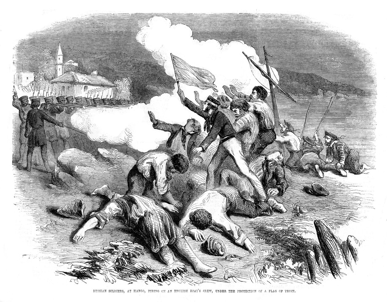 Russische soldaten schieten op een Engelse bootbemanning, onder bescherming van een witte vlag, 1855 door Unbekannt