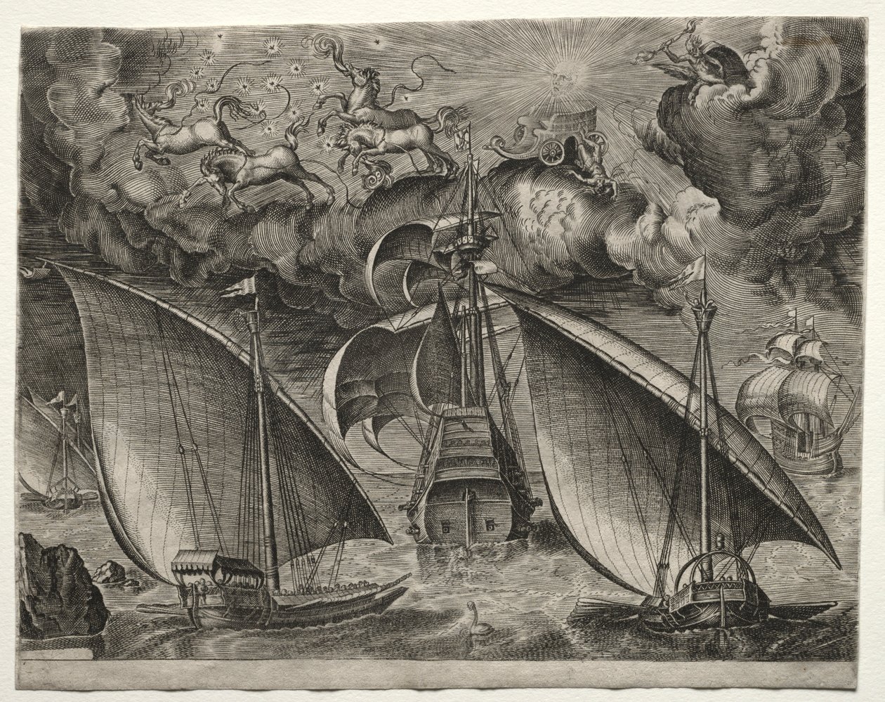 Zeilschepen: Twee galeien zeilen achter een bewapende driemaster met Phaeton..., 1561-65 door Unbekannt