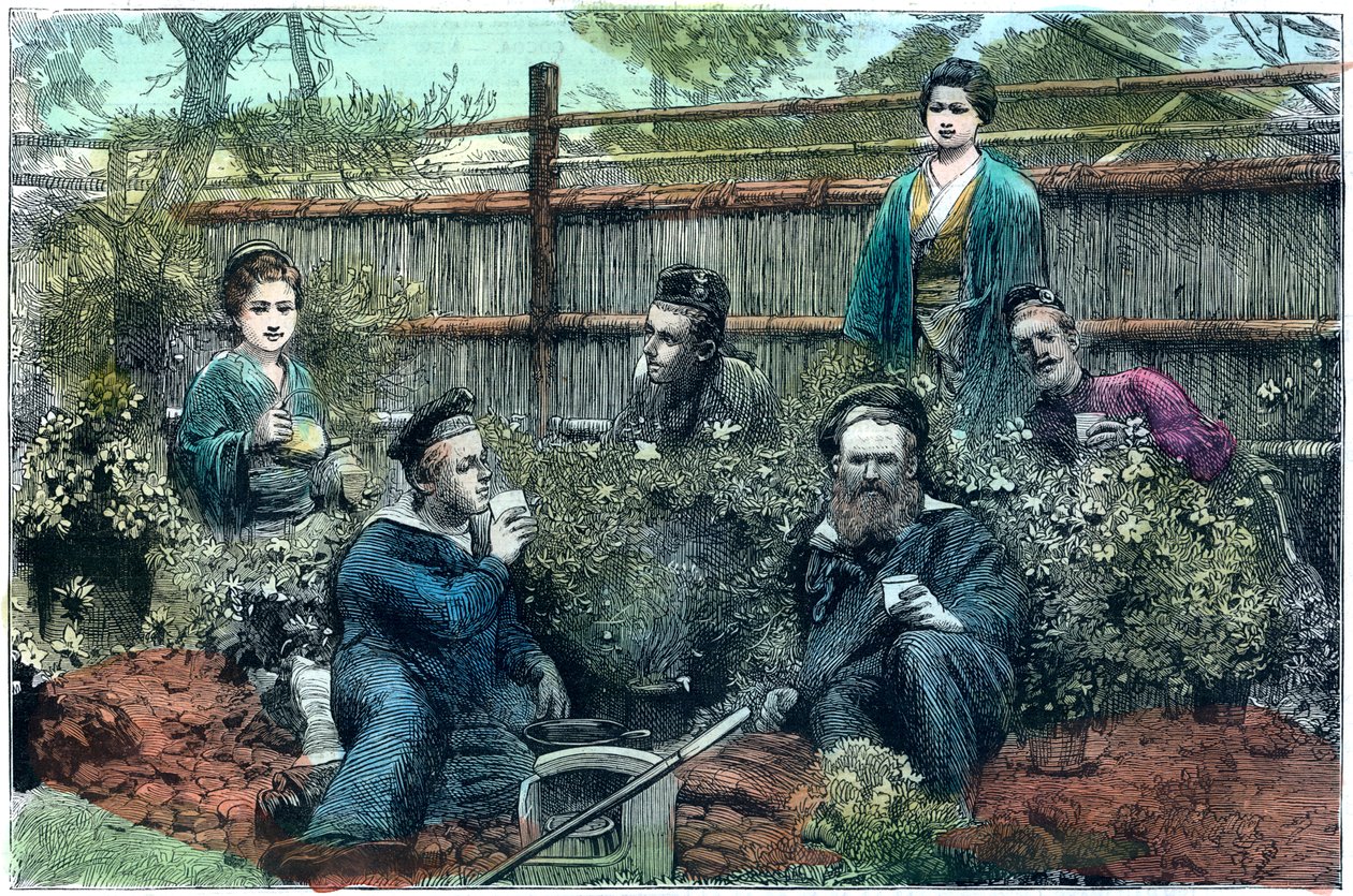 Matrozen van HMS Challenger drinken thee in een theehuis nabij Yokohama, Japan, 1888 door Unbekannt