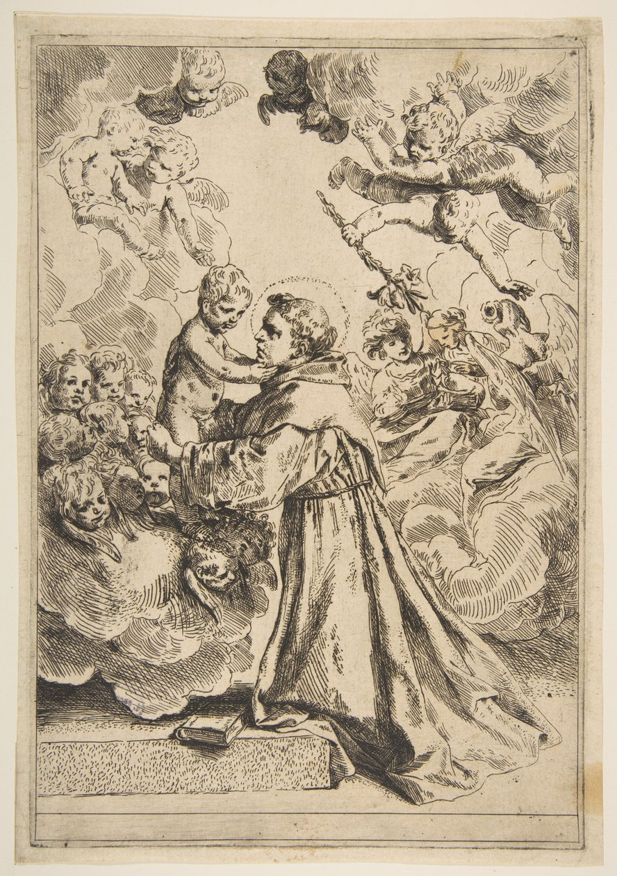 Sint Antonius van Padua aanbidt het Christuskind in Glorie, kopie naar Cantarini, ca. 1640 of later door Unbekannt