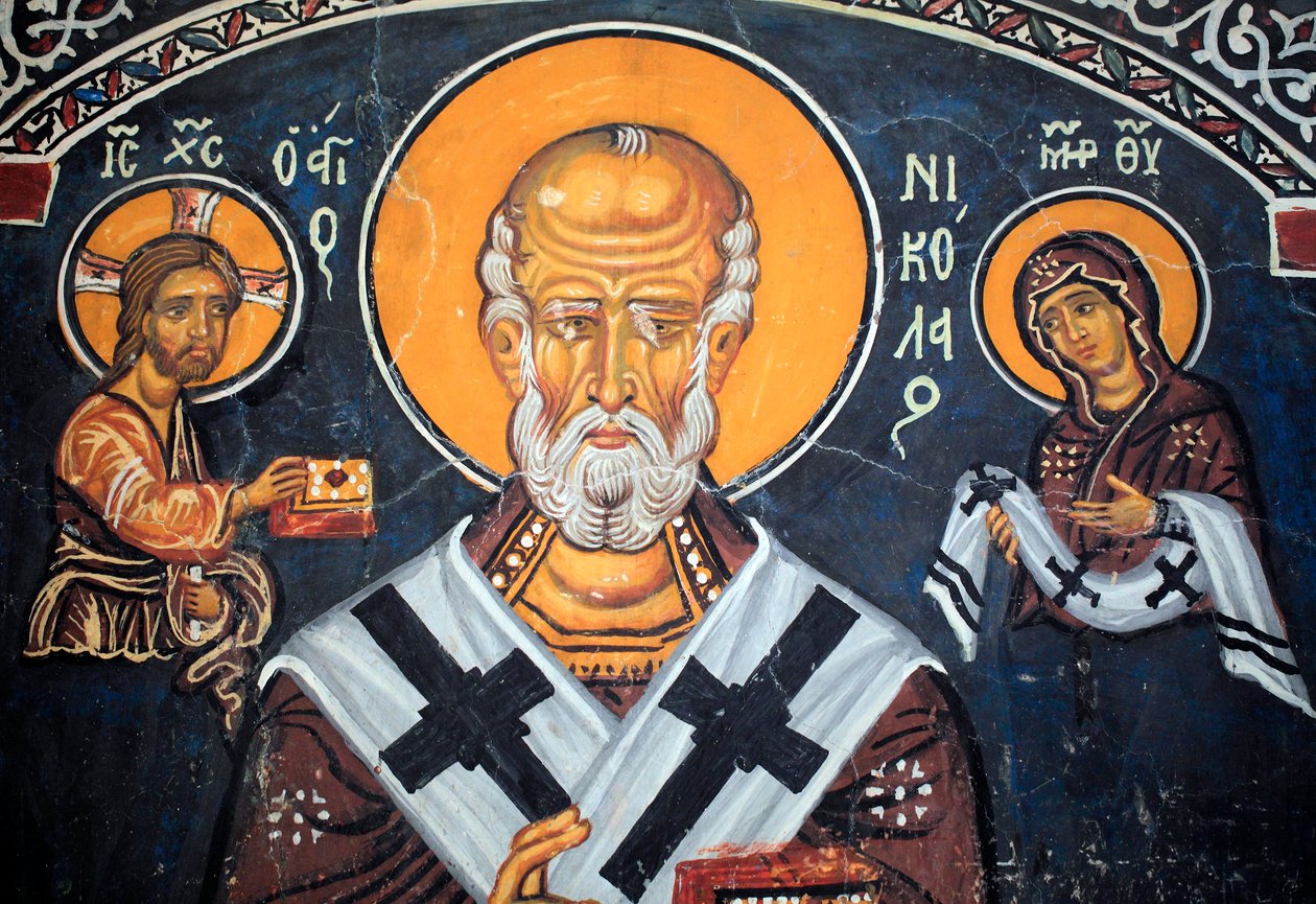 Sint-Nicolaas omringt Christus en Maria Byzantijnse fresco uit de 14e eeuw (1332) door Unbekannt