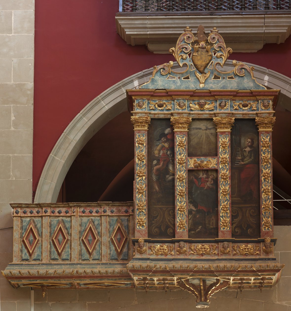 Heiligdom (El Miracle). De kerk. Interieur. Het orgel. Gepolychromeerde houten constructie. Drie schilderijen op doek (?). 1593. door Unbekannt