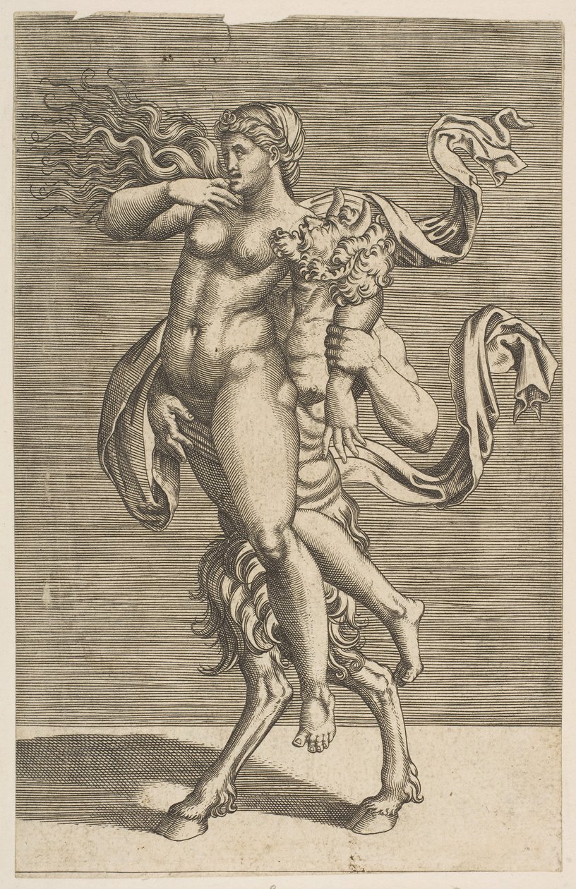 Satyr draagt een nimf die haar rechterarm tegenhoudt, ca. 1515-1600 door Unbekannt