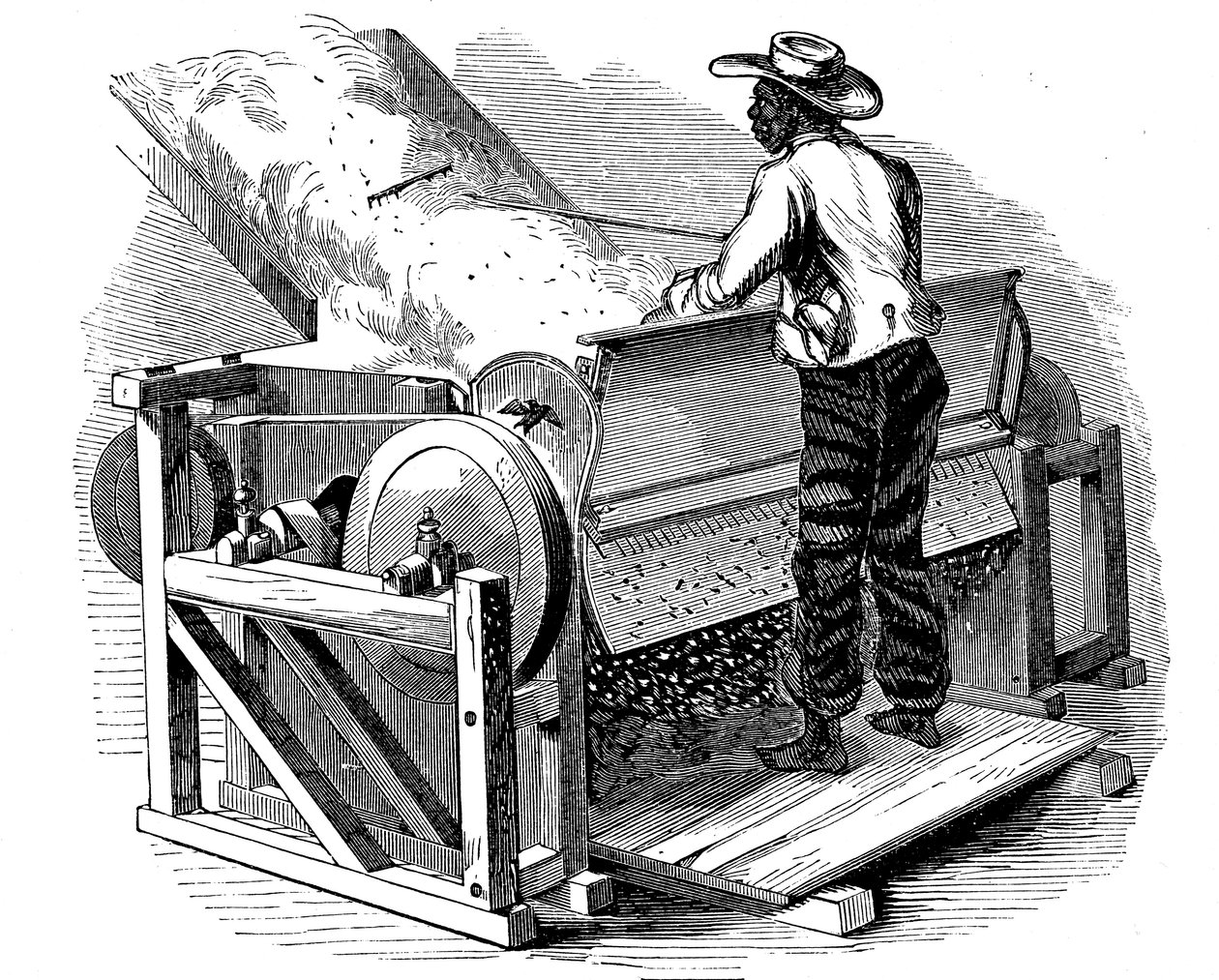 Zaagmachine voor het reinigen van katoen bediend door een blootsvoetse zwarte arbeider, zuidelijke VS, 1865 door Unbekannt