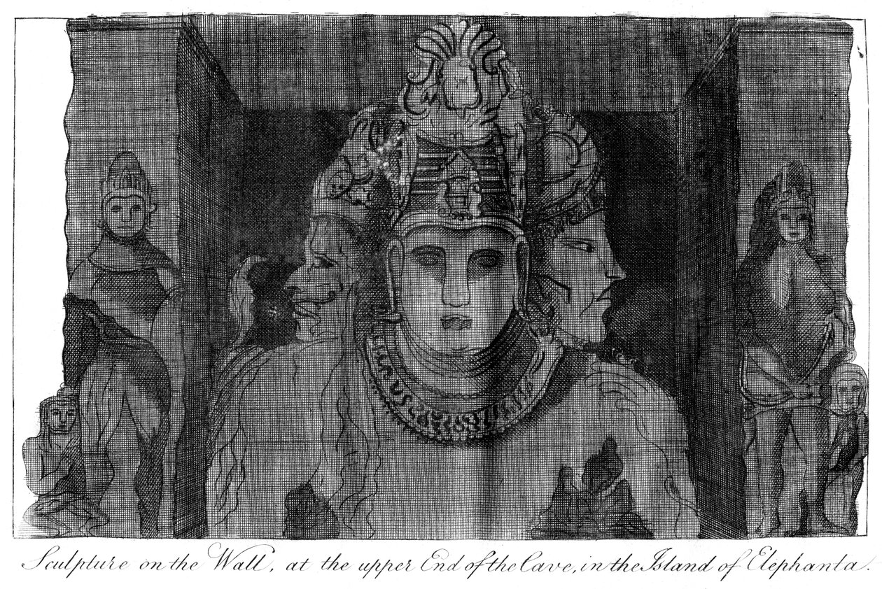 Beeldhouwwerk op de muur aan het uiteinde van de grot, eiland Elephanta, India door Unbekannt