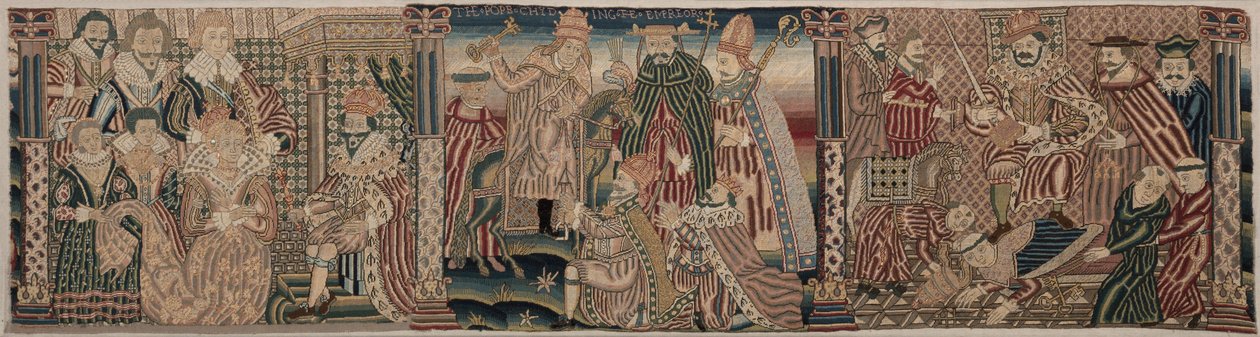Sectie van een Geborduurde Fries: Ahasveros en Esther, De Paus die de Keizer Berispt, 1625-1649 door Unbekannt