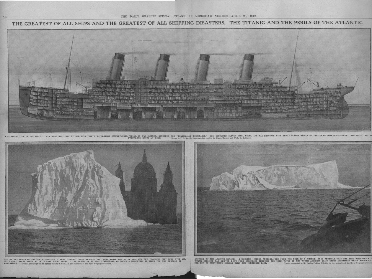 Sectiediagram van de Titanic, en ijsbergen, 20 april 1912 door Unbekannt