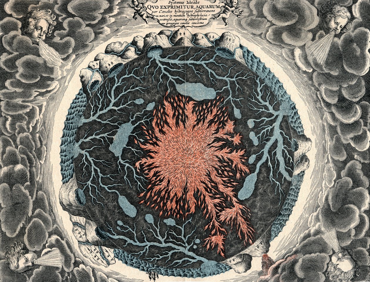 Doorsnede van de aarde, met centraal vuur en ondergrondse kanalen verbonden met oceanen, 1665 door Unbekannt