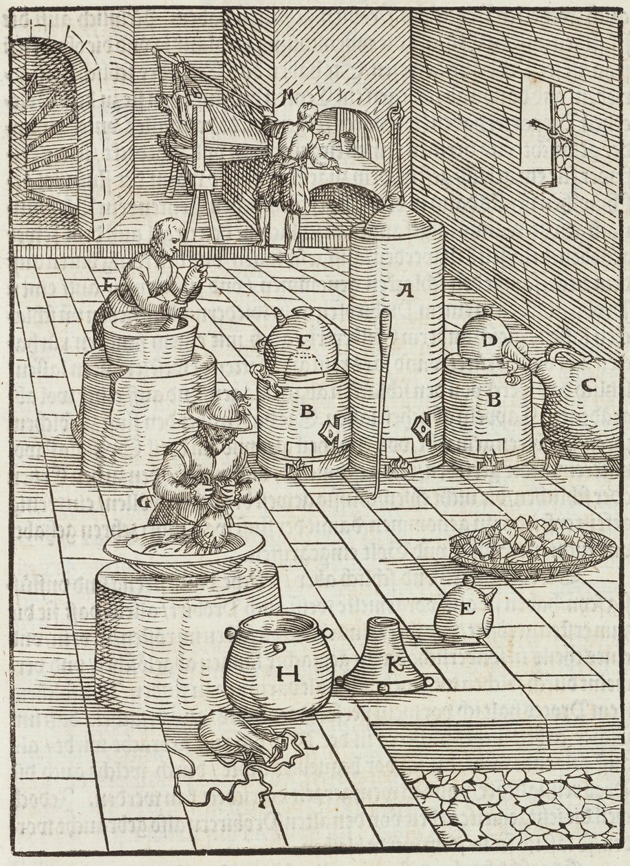 Scheiding van goud- en kwikertsen - Gravure uit Beschrijving van mineralen en de belangrijkste mijnbouwmethoden, van Lazarus Ecker door Unbekannt