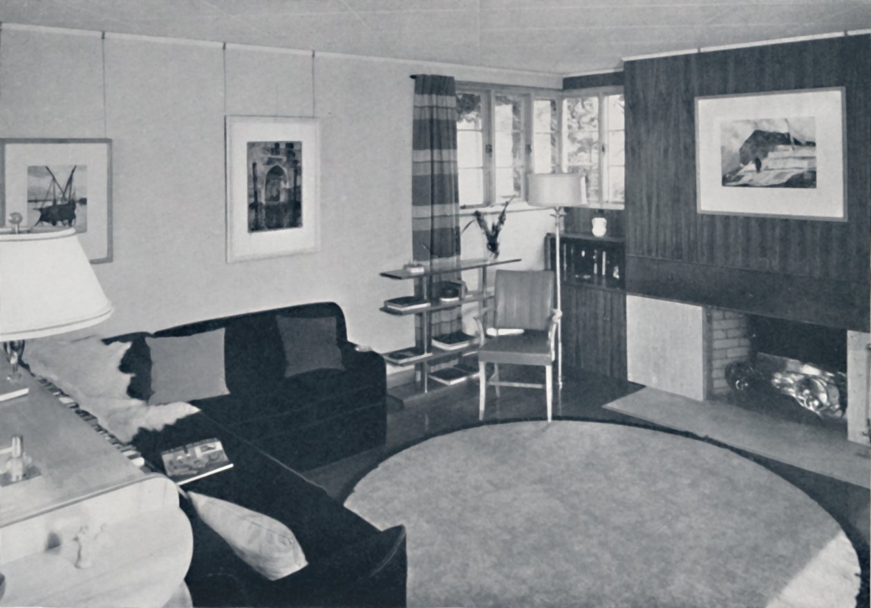 Sewall Smith. Woonkamer in het huis van de architect zelf in Niagara Falls, N.Y., in een turquoise, koraal door Unbekannt