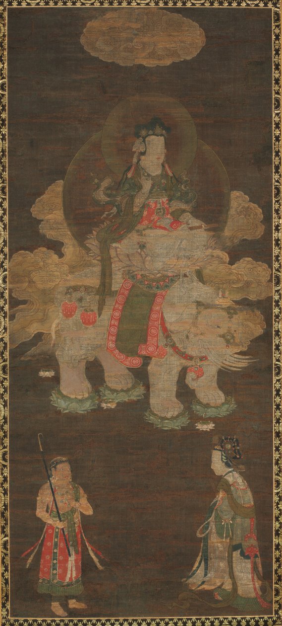 Shakyamuni Triade: Boeddha bijgestaan door Manjushri en Samantabhadra Bodhisattva met olifant, laat 1e eeuw door Unbekannt
