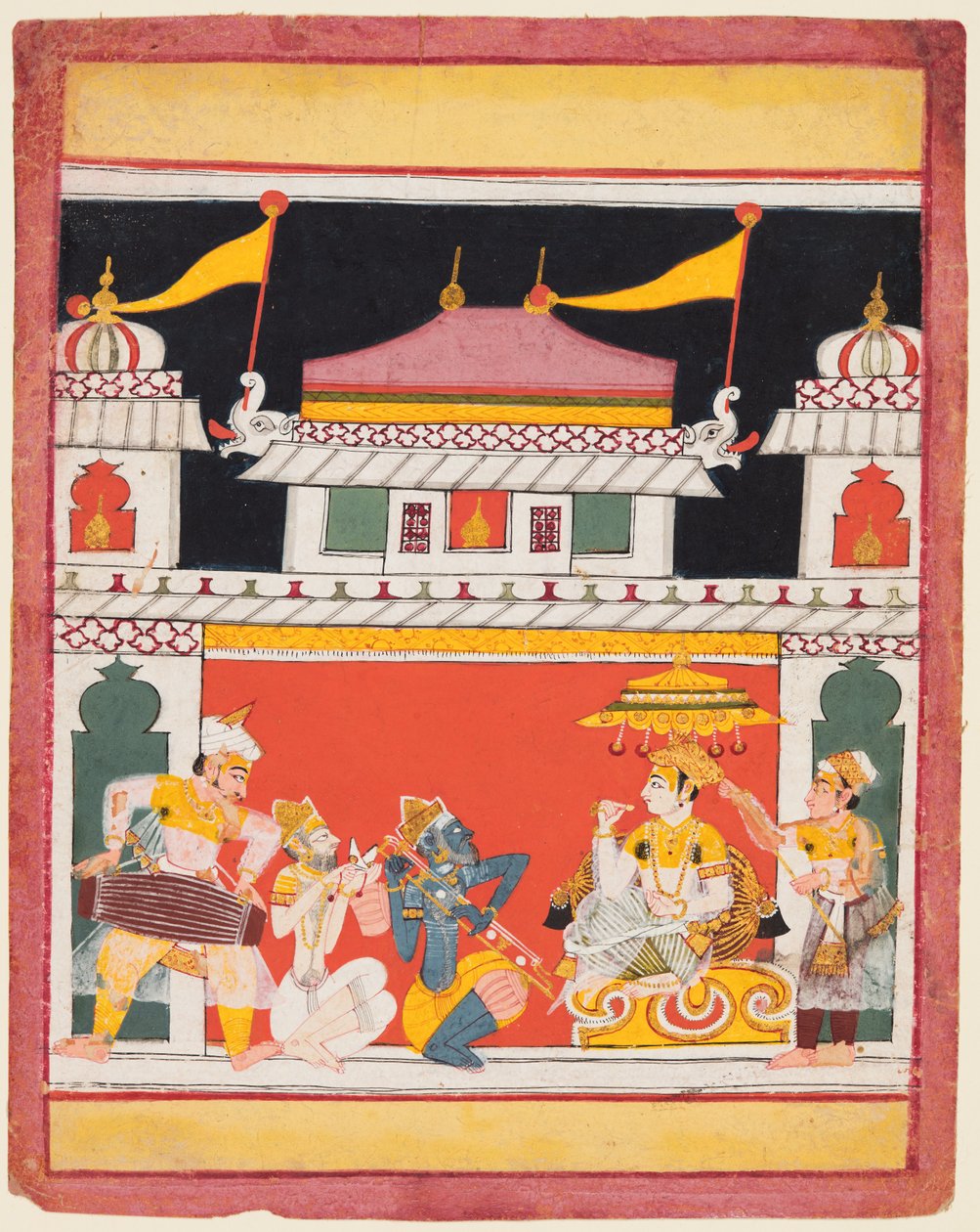 Shri Raga, uit een Ragamala-serie, Drie muzikanten spelen voor een edelman, c. 1650 door Unbekannt