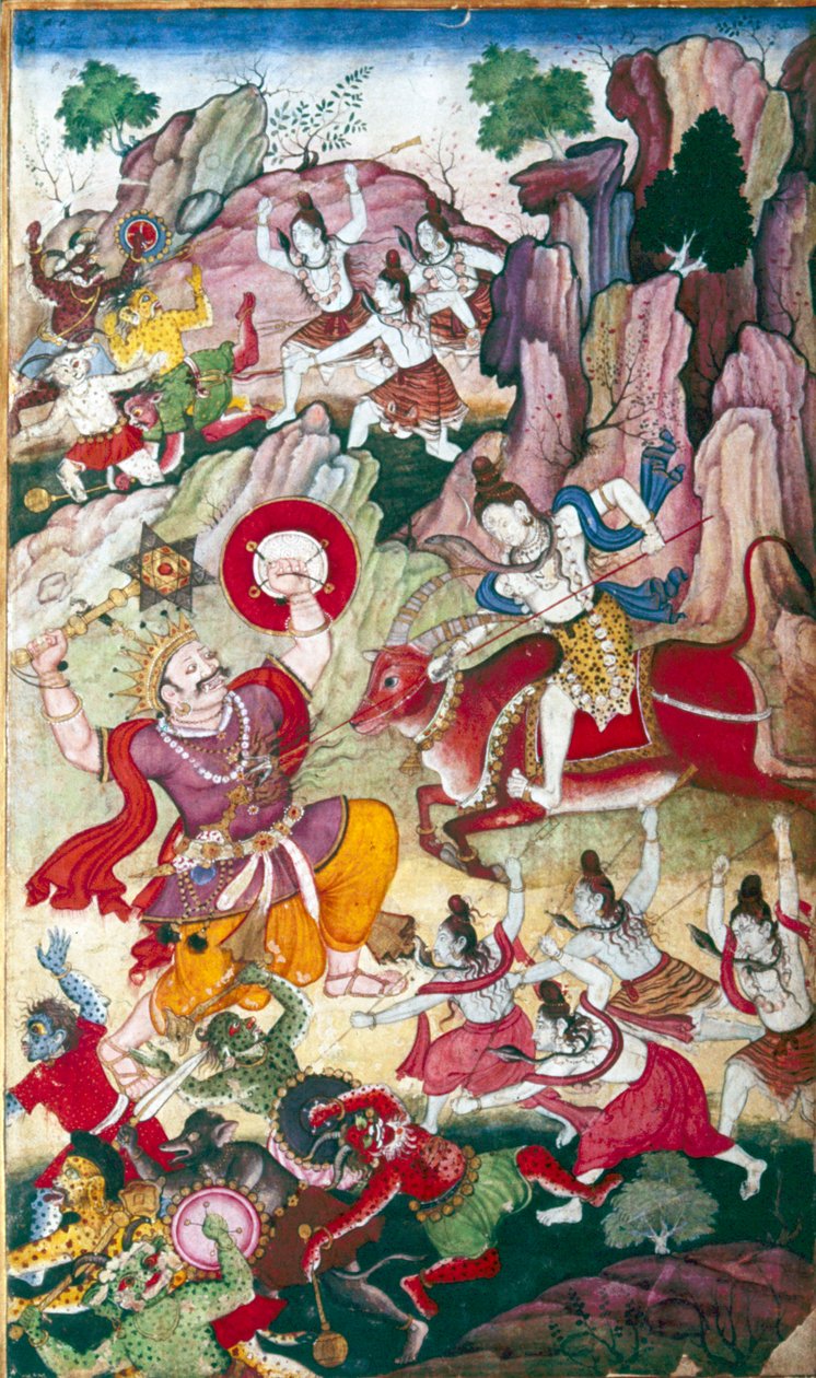 Siva vernietigt de demon Andhaka, Harivamsa-manuscript, Mughul, ca. 1590 door Unbekannt