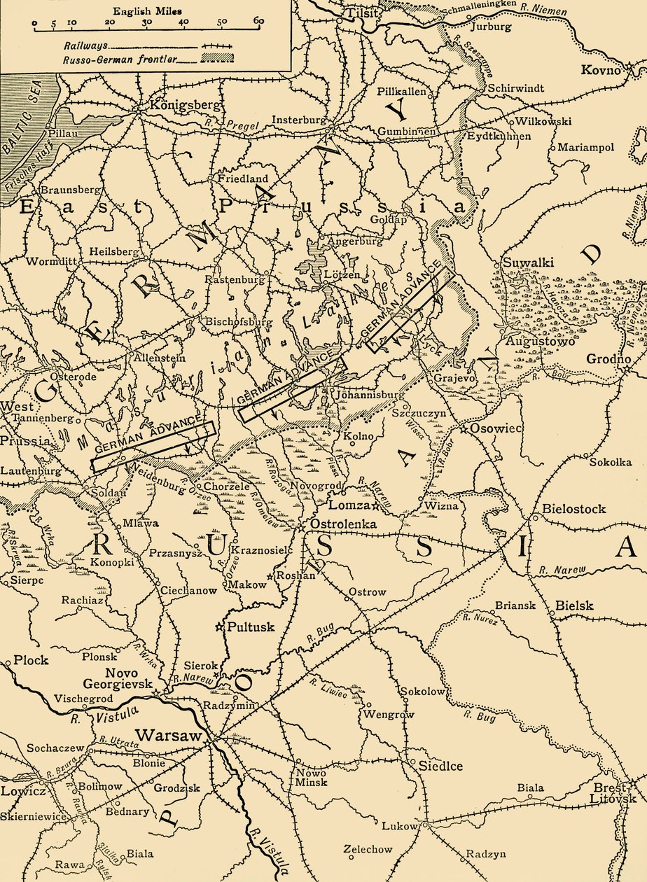 Schetskaart om de Duitse aanval ten noorden van Warschau in februari 1915 te illustreren, ca. 1920 door Unbekannt
