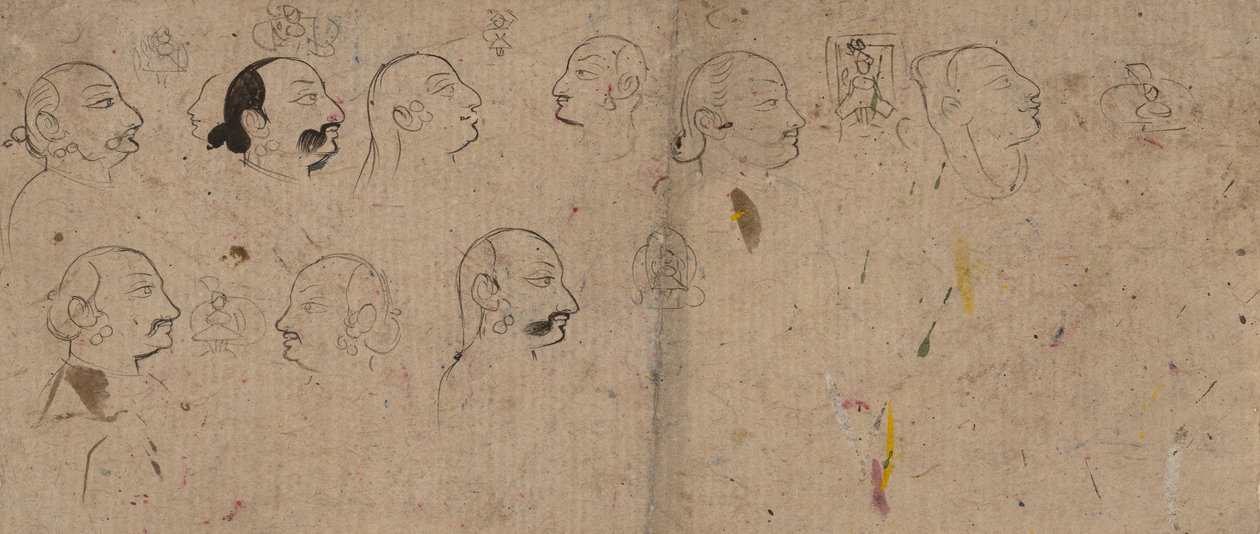 Schetsblad met gezichtsstudies, waarschijnlijk Maharao Kishor Singh, ca. 1830 door Unbekannt