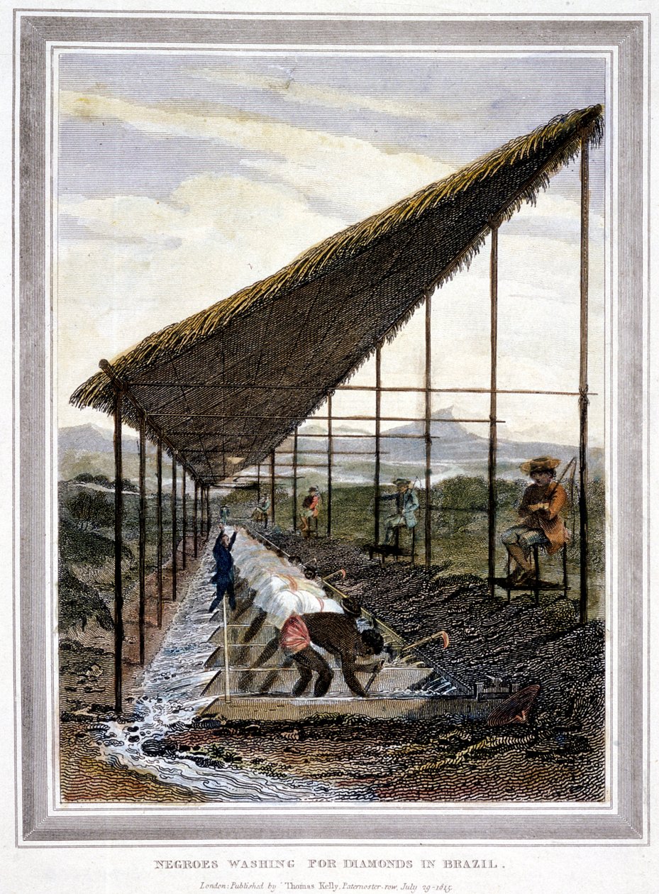 Slaven wassen diamanten onder toezicht van opzichters met zwepen, Brazilië, 1815 door Unbekannt