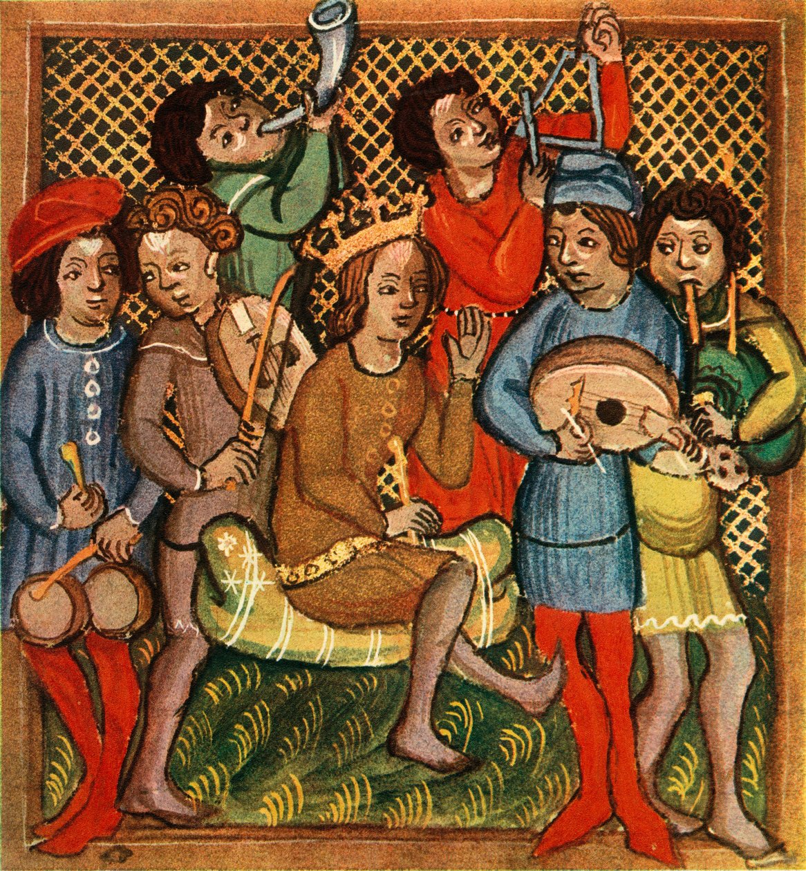 Kleine trommels, viool, hoorn, triangel, luit en doedelzak, Olomouc Bijbel, 1417, 1948 door Unbekannt