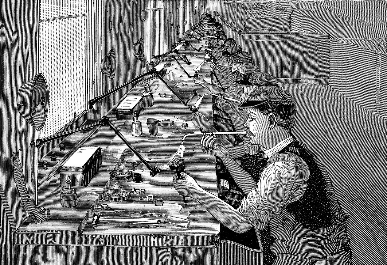 Soldeerwerk aan fietsonderdelen in een Amerikaanse fabriek, ca. 1900 door Unbekannt