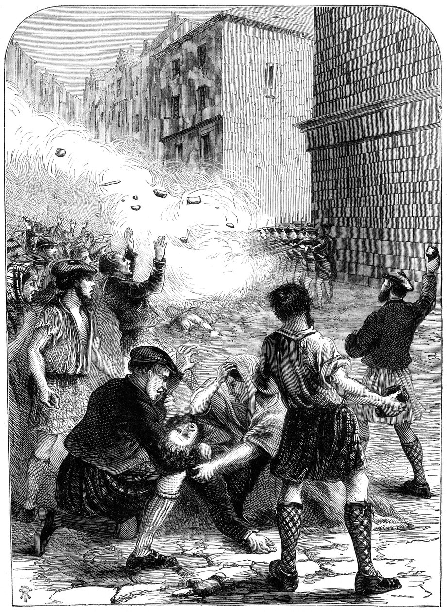 Soldaten die op relschoppers schieten tijdens de opstand in Glasgow, 1706 19e eeuw door Unbekannt