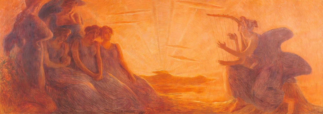 Enkele vrouwen luisteren naar de muziek afkomstig van de snaren van een harp door Unbekannt