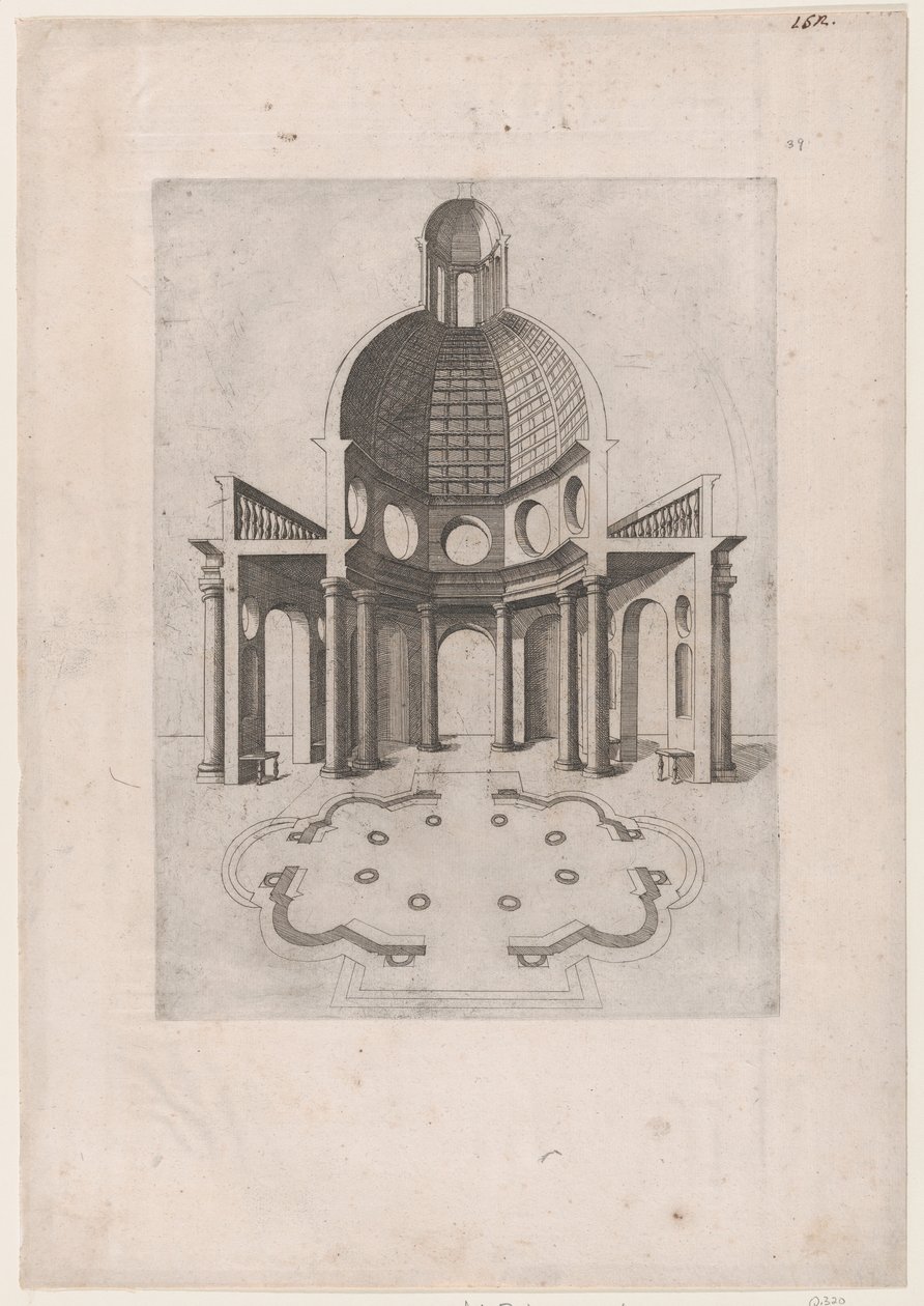 Speculum Romanae Magnificentiae: Interieur en plattegrond van een achthoekige tempel, ..., 16e eeuw door Unbekannt
