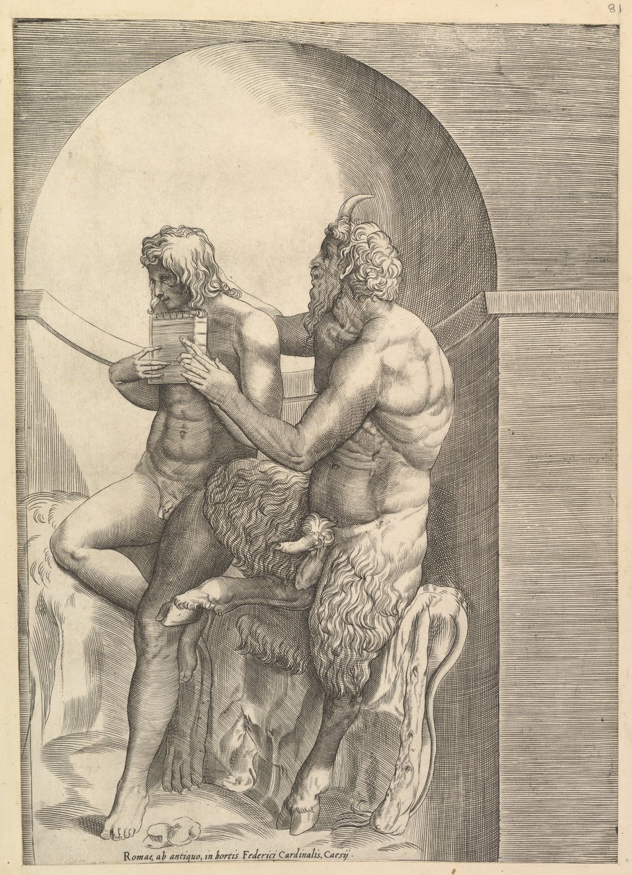 Speculum Romanae Magnificentiae: Pan leert de jonge Olympus fluit spelen door Unbekannt