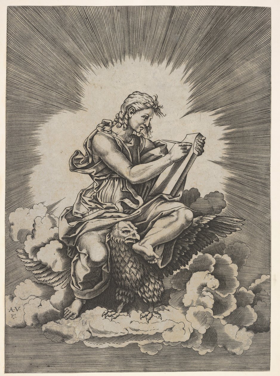 St. Johannes, zittend en een schrijfinstrument houdend naar een tablet, een adelaar met uitgespre..., na 1518 door Unbekannt