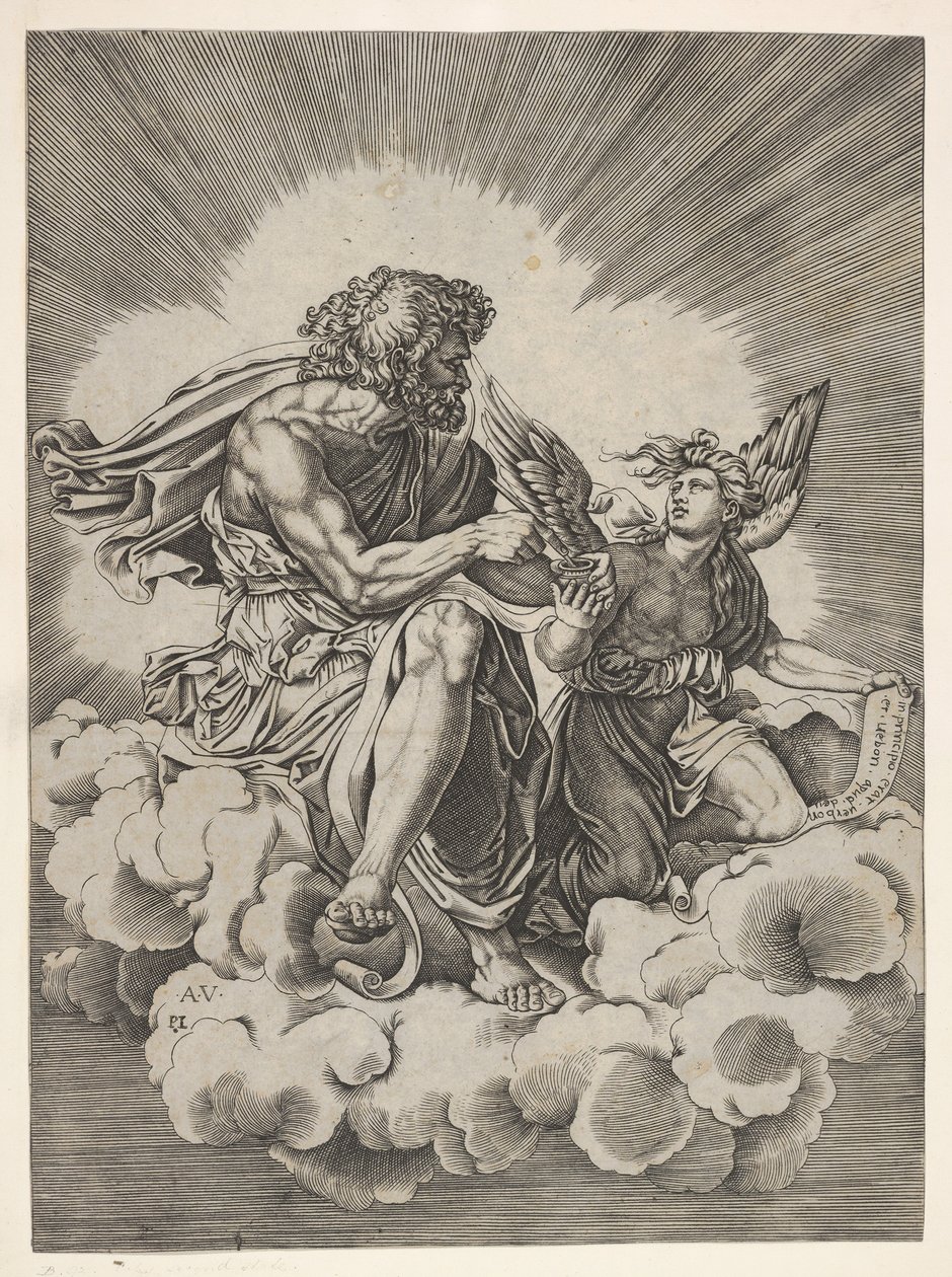 Sint Mattheüs, zittend op een wolk met gekruiste benen en een pen in een inktpot doopend door Unbekannt