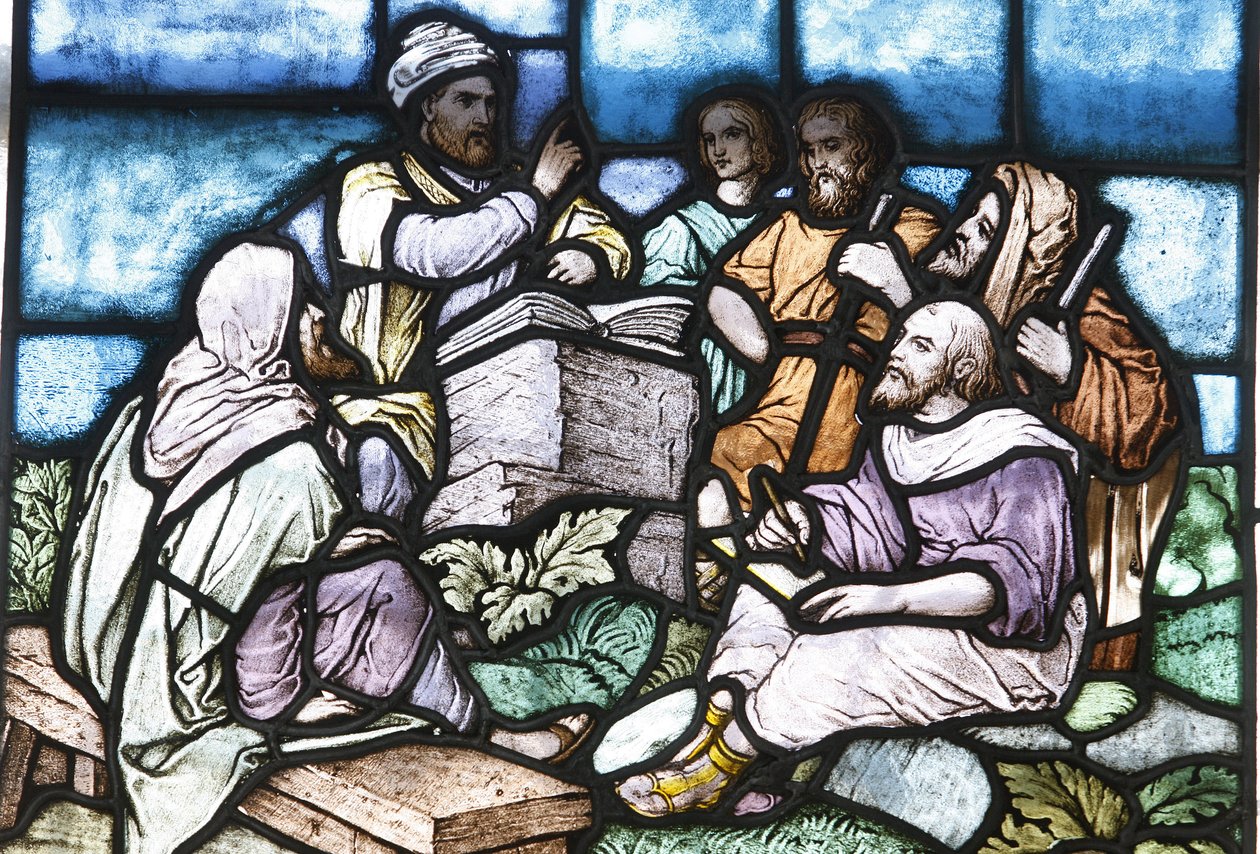 Glas-in-lood: Abraham die de Tora bestudeert met het volk van Israël, Boedapest, Hongarije door Unbekannt