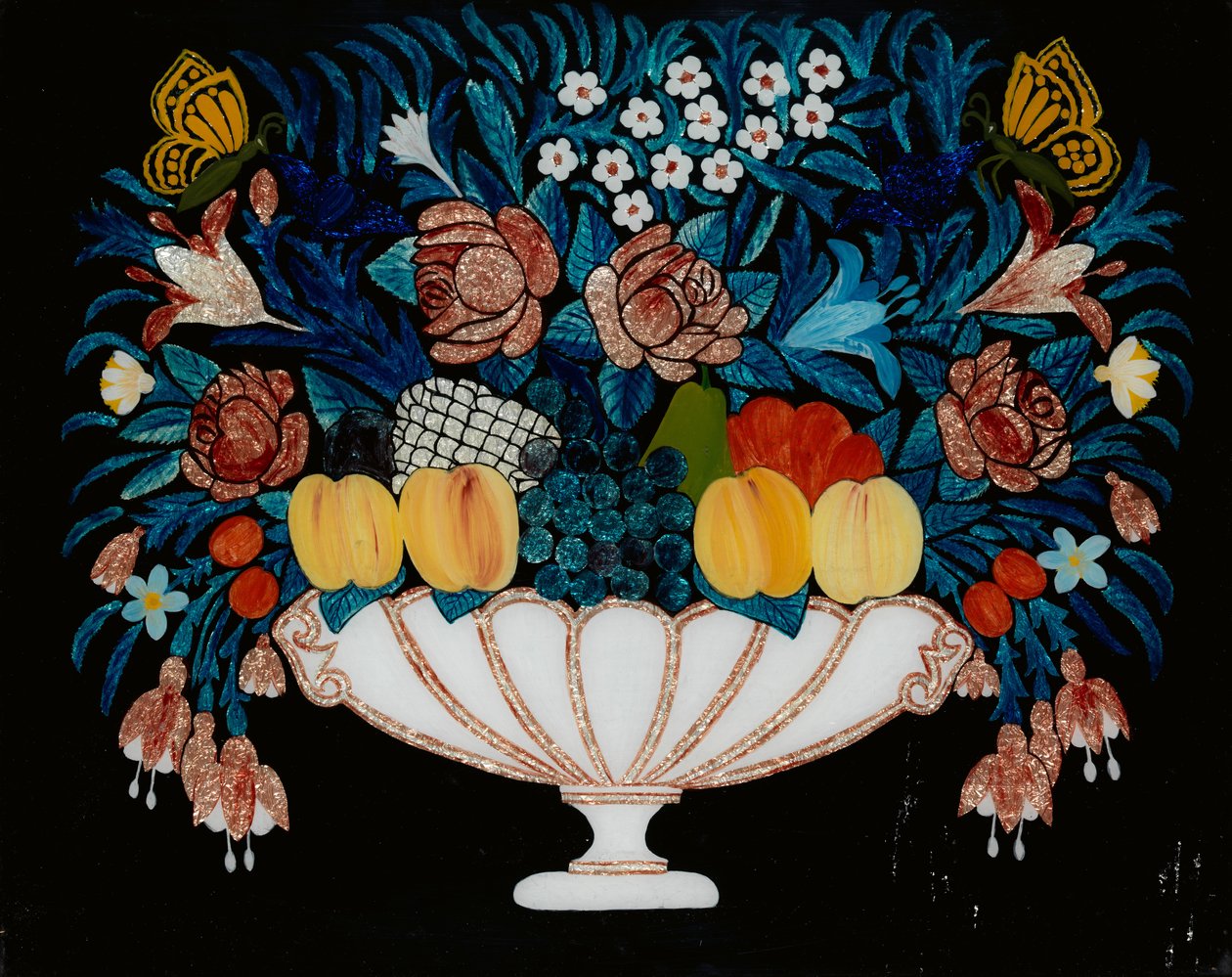 Stilleven - Bloemen en fruit in witte en roze kom door Unbekannt