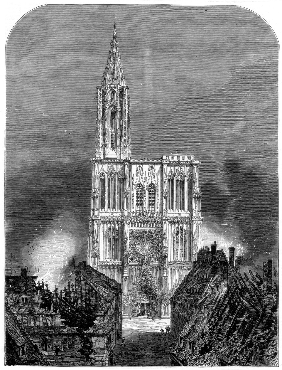 Kathedraal van Straatsburg tijdens het laatste bombardement van de stad, Frans-Duitse Oorlog, 1870 door Unbekannt