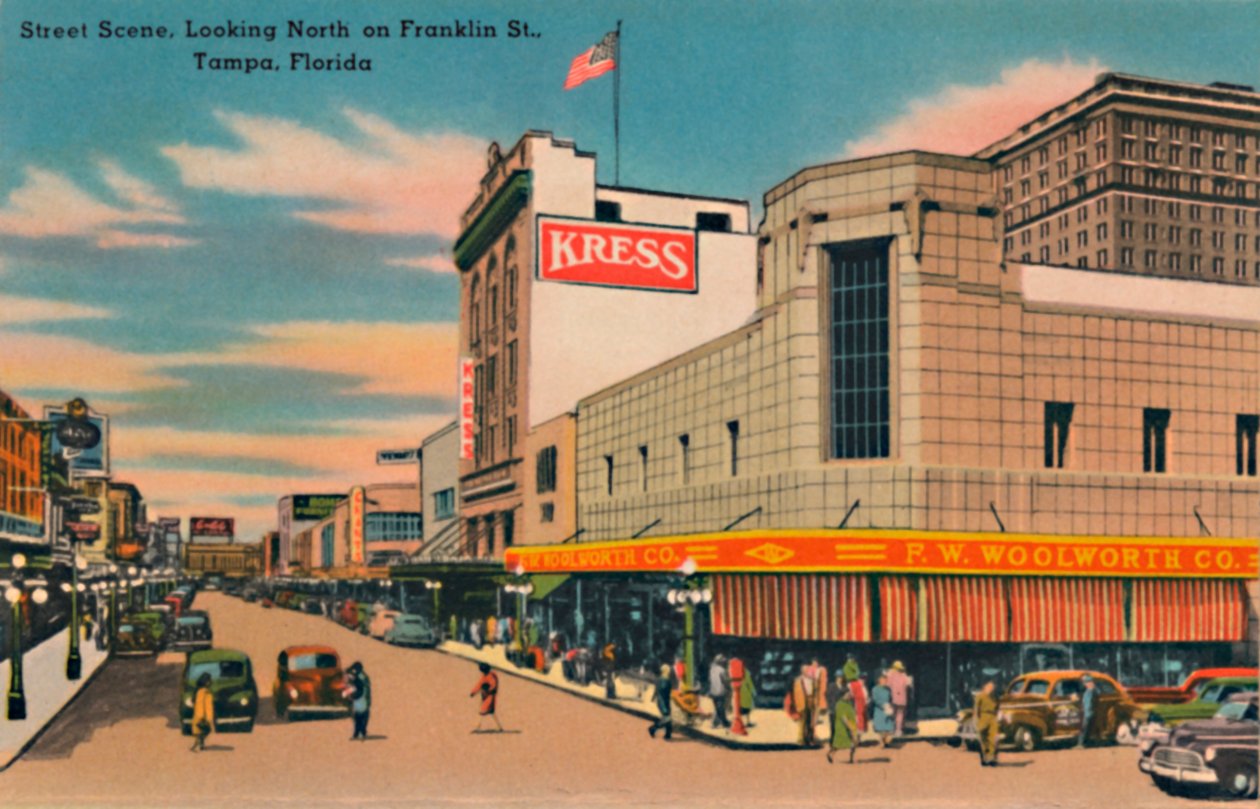 Straatscène, kijkend naar het noorden op Franklin St., Tampa, Florida, ca. 1940s door Unbekannt