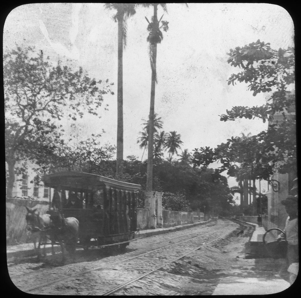 Straatscène met paardentram, Pernambuco, Brazilië, eind 19e of begin 20e eeuw door Unbekannt