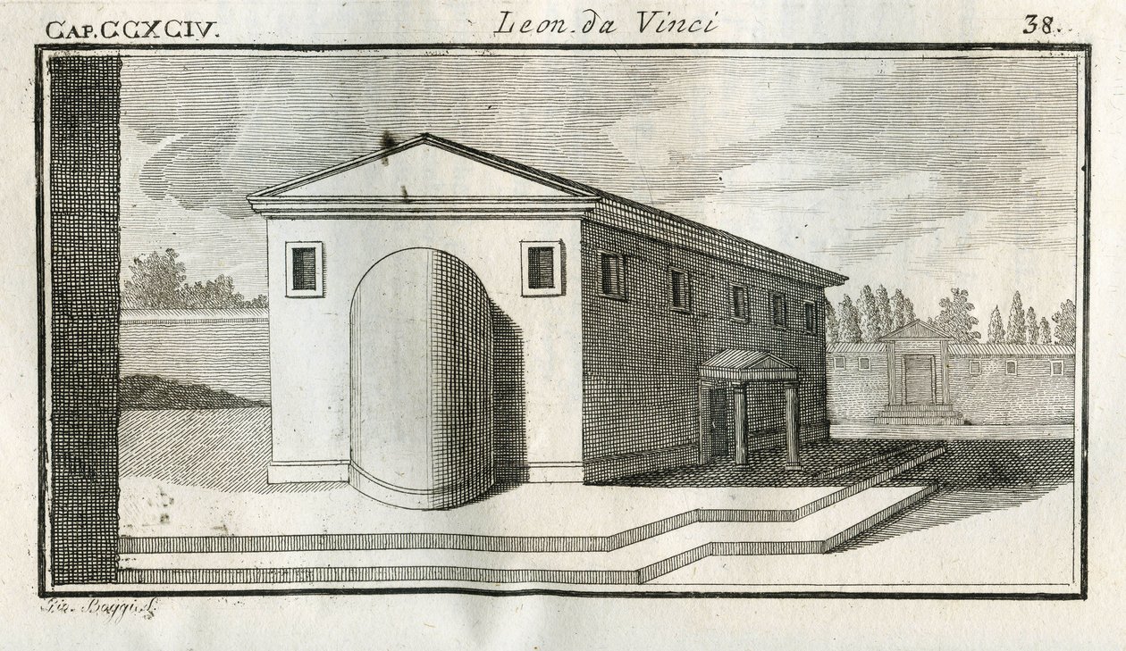 Studies over de sovrapposizione di edifici. “Wanneer de lichamen met een convexe oppervlakte eindigen boven andere lichamen van dezelfde kleur, zal het einde van de convexiteit donkerder lijken.” Gravure uit “Verhandeling over de schilderkunst” door Leonar door Unbekannt