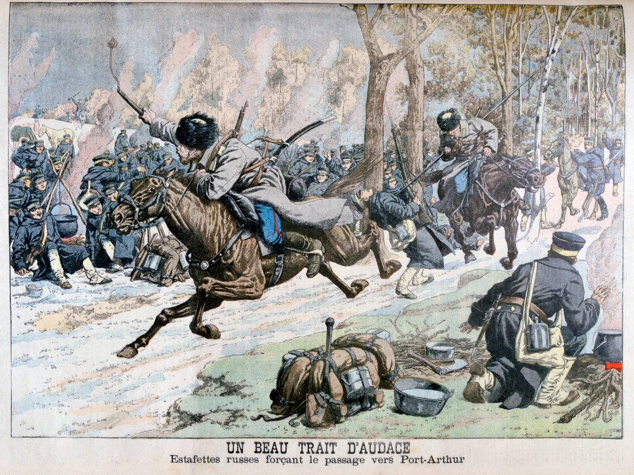 Verrassingsaanval door Russische cavalerie op de weg naar Port Arthur, Russisch-Japanse Oorlog, 1904 door Unbekannt