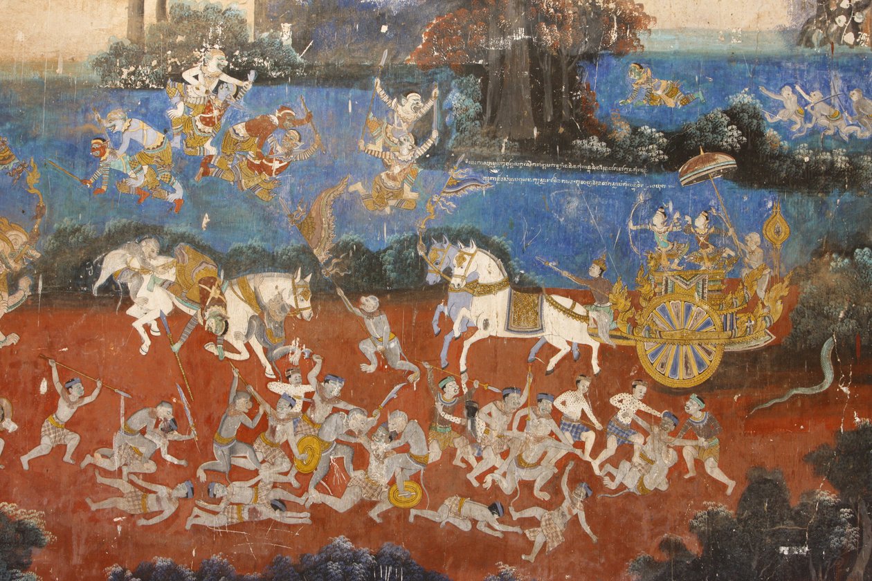 Zilveren Pagode, Deze muurschildering toont scènes uit de Reamker, de Cambodjaanse versie van het klassieke Hindoe-epos Ramayana, Phnom Penh, Cambodja door Unbekannt