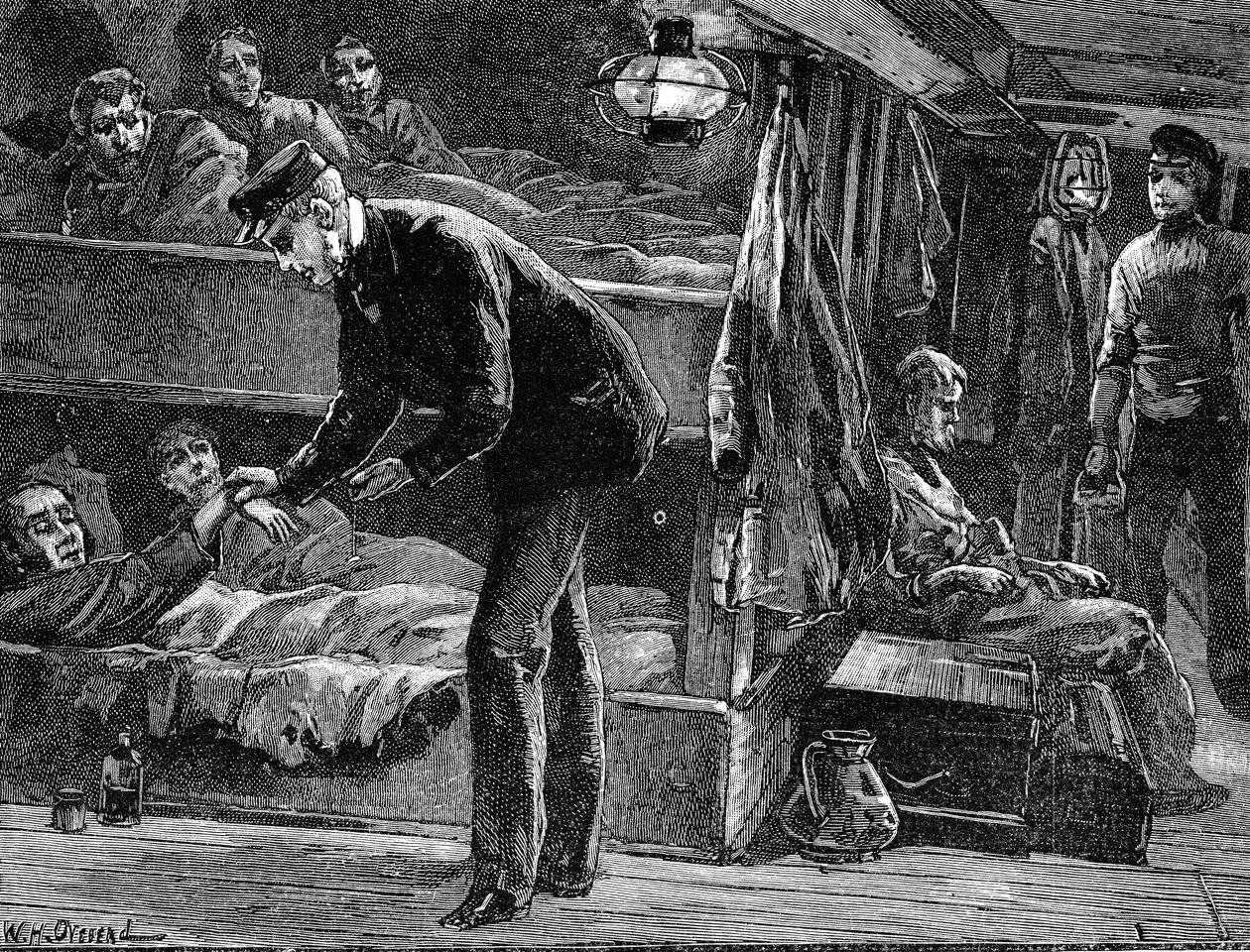 De pols nemen van een zieke Ierse emigrant aan boord van een schip, 1840s ca. 1890 door Unbekannt