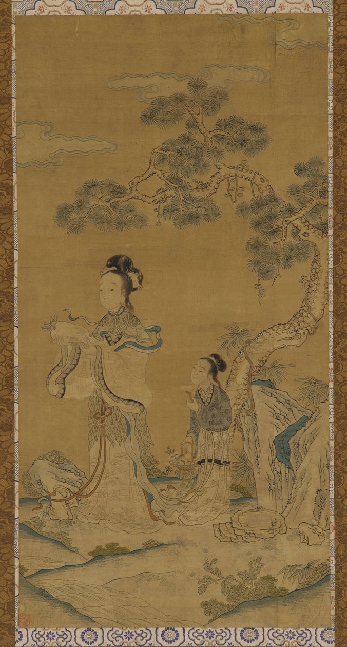 Wandtapijt: een Daoïstische vrouwelijke Onsterfelijke en bediende onder een den, Ming-dynastie, 1368-1644 door Unbekannt