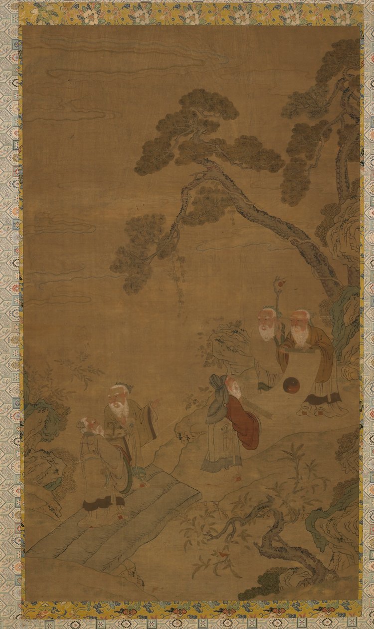 Wandtapijt: vijf wijzen in een tuin onder dennen, Ming-dynastie tot Qing-dynastie, 1368-1911 door Unbekannt