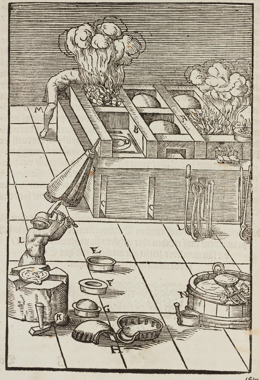 Techniek en instrumenten voor het verwarmen van zilvererts - Gravure uit Beschrijving van mineralen en de belangrijkste mijnbouwmethoden, van Lazarus Ecker door Unbekannt