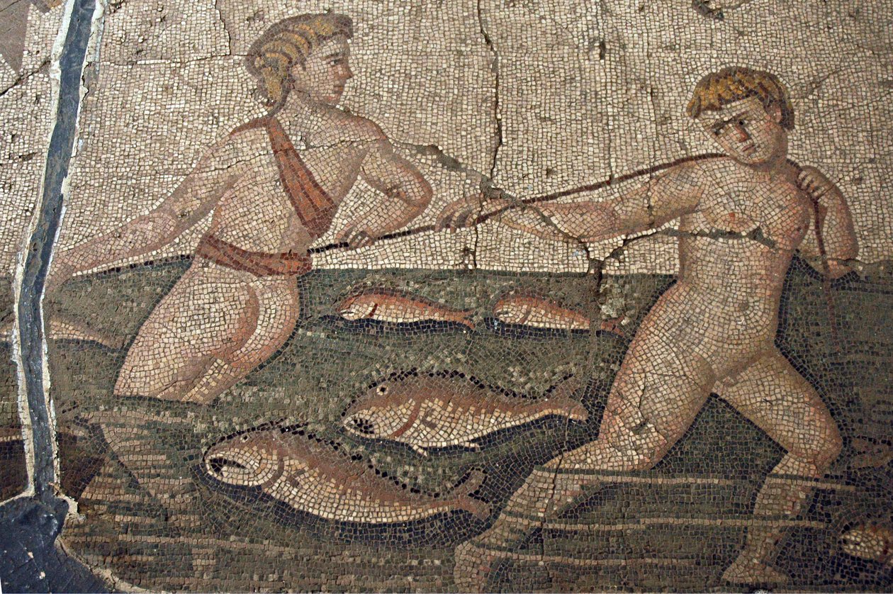 Thalasse en de naakte vissersmozaïek uit Vakto, detail, Turkije door Unbekannt