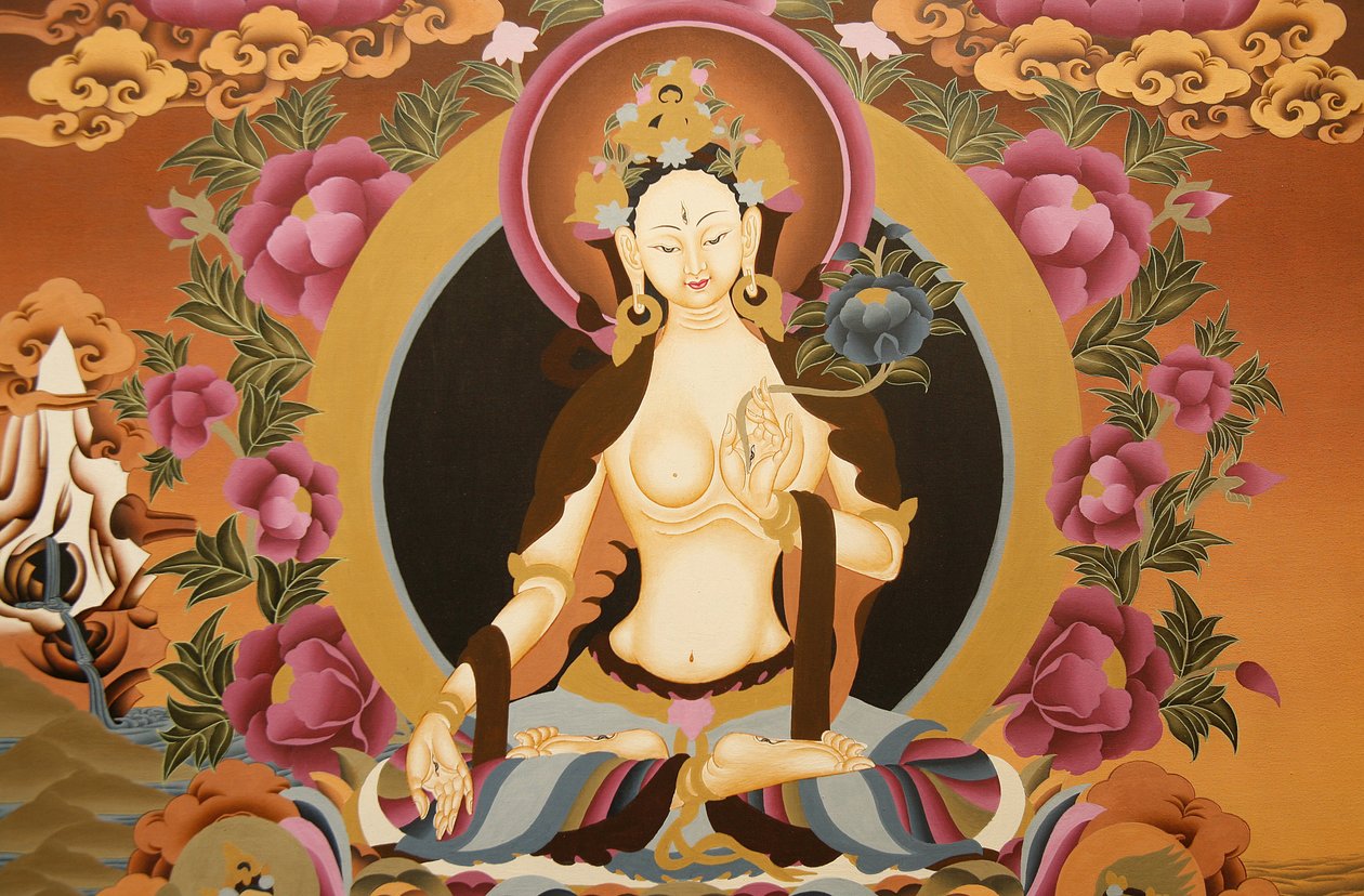 Thangka die de Witte Tara godin afbeeldt, Boeddhistisch symbool van een lang leven, Bhaktapur, Nepal door Unbekannt